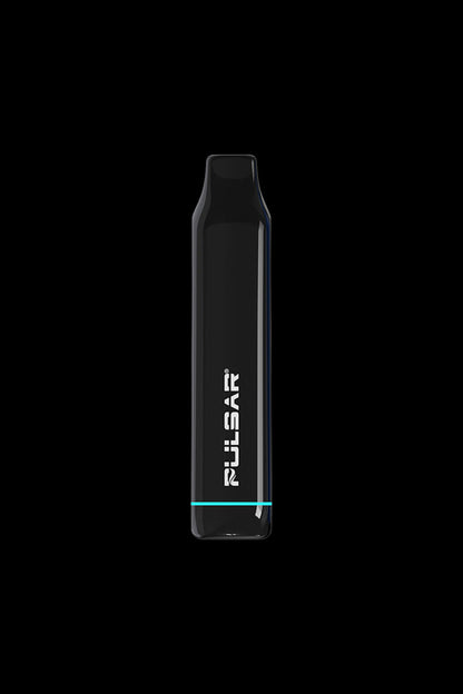 Sleek black cannabis vape pen with blue accents and vertical branding.