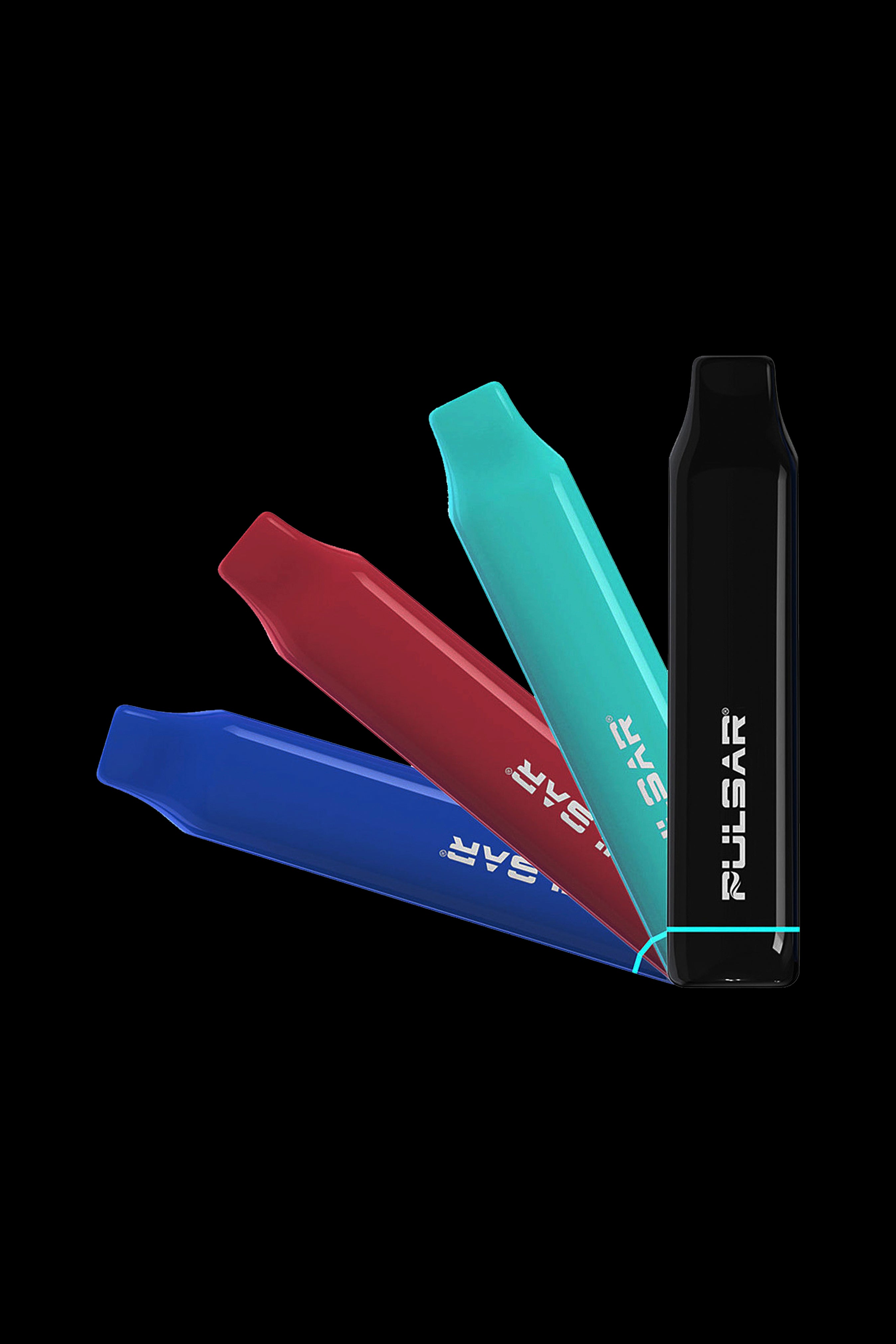 Colorful cannabis vape pens fanned around a charging base with branding.