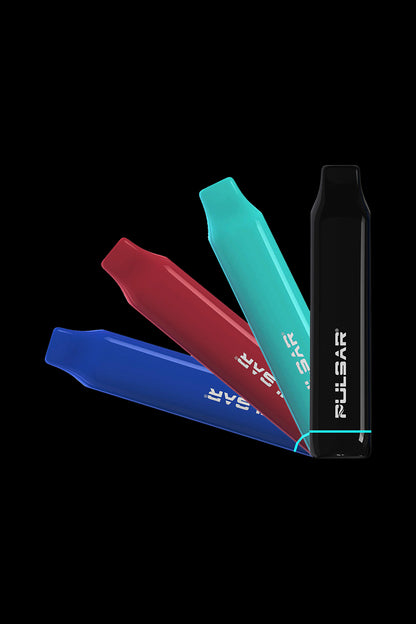 Colorful cannabis vape pens fanned around a charging base with branding.