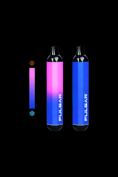 Pulsar vaporizer pens in pink and blue gradients with temperature scale icons.