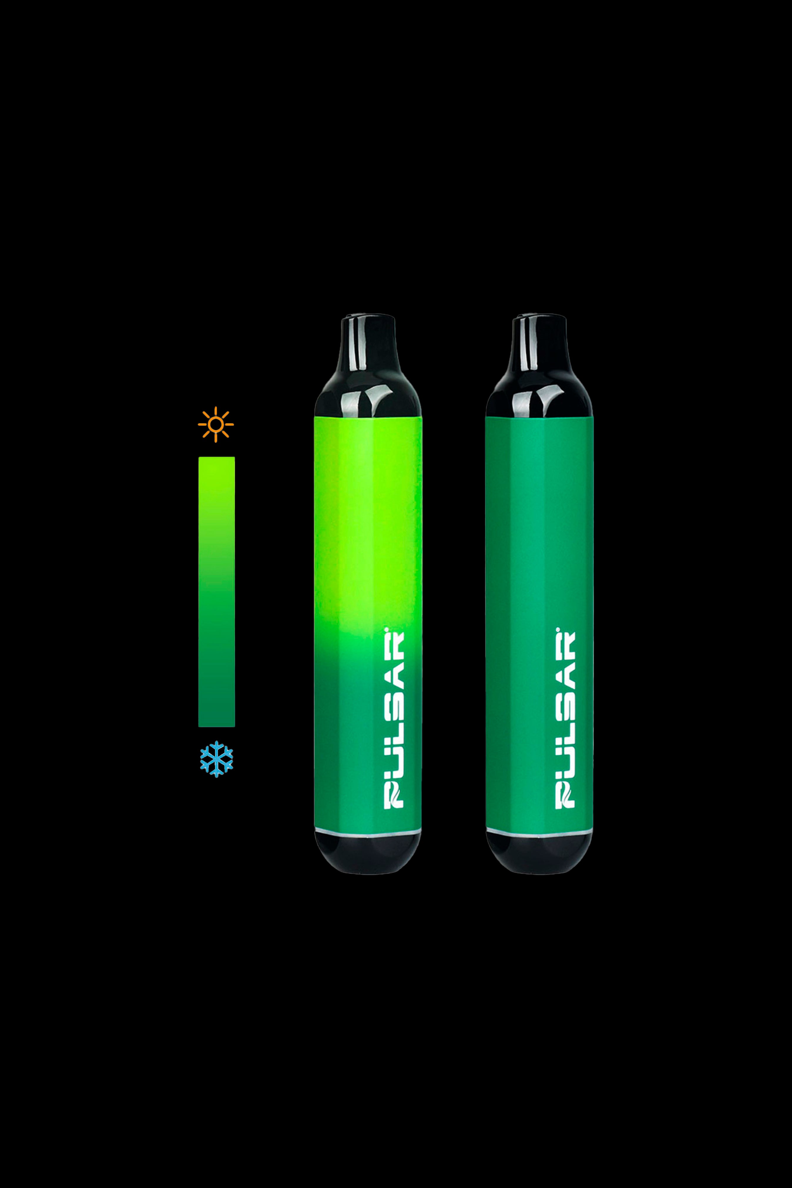 Two green Pulsar vaporizers with temperature gauge indicating heat and cool settings, isolated on a black background.