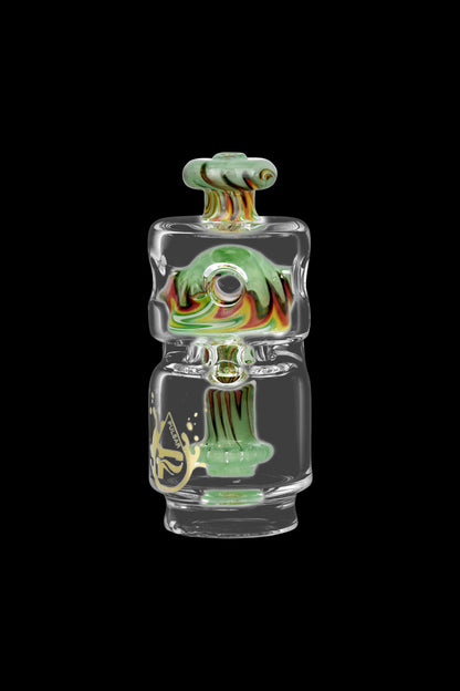 Glass bubbler water pipe with green and yellow swirls, against a black background.