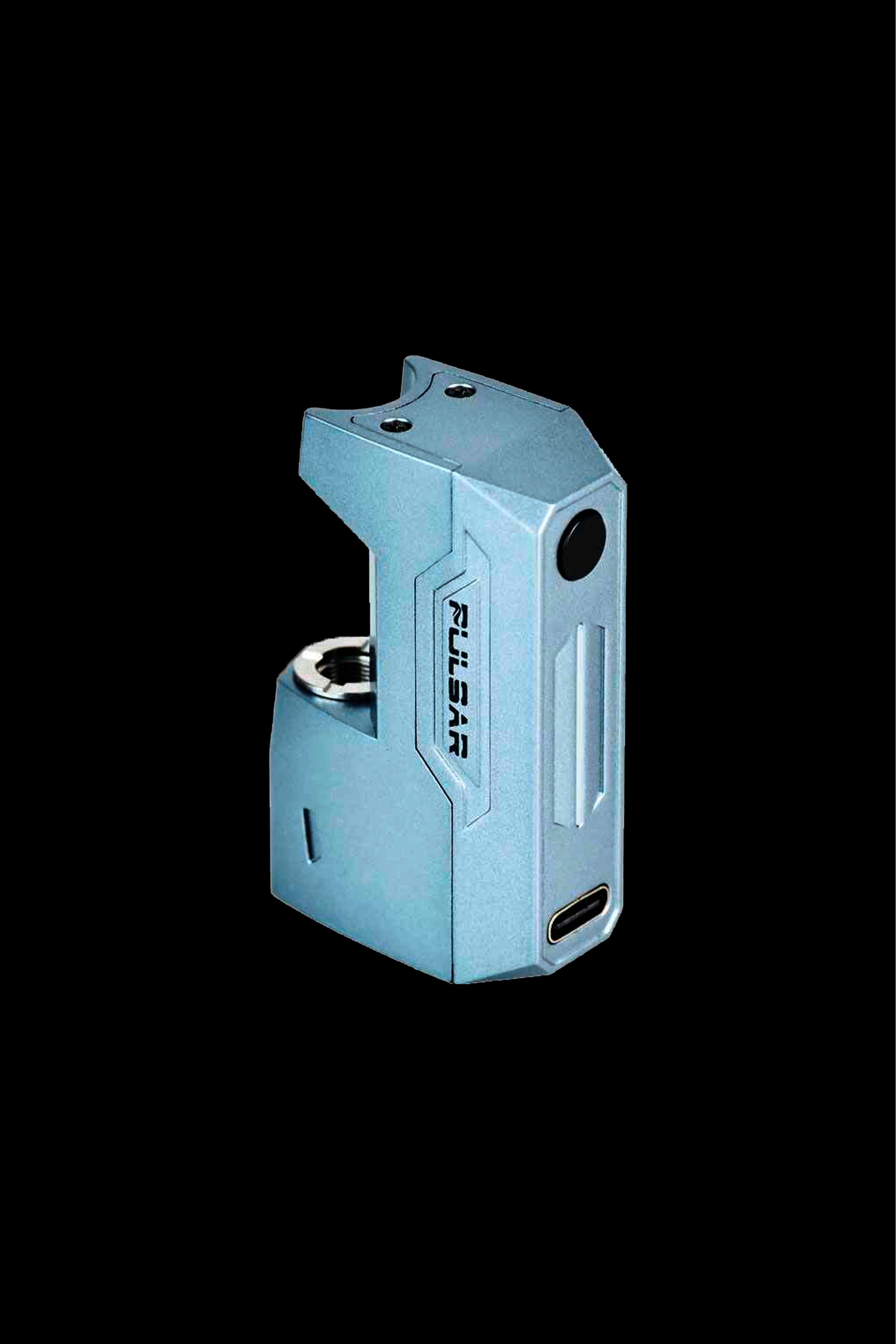 Blue Pulsar vaporizer device isolated on a black background.