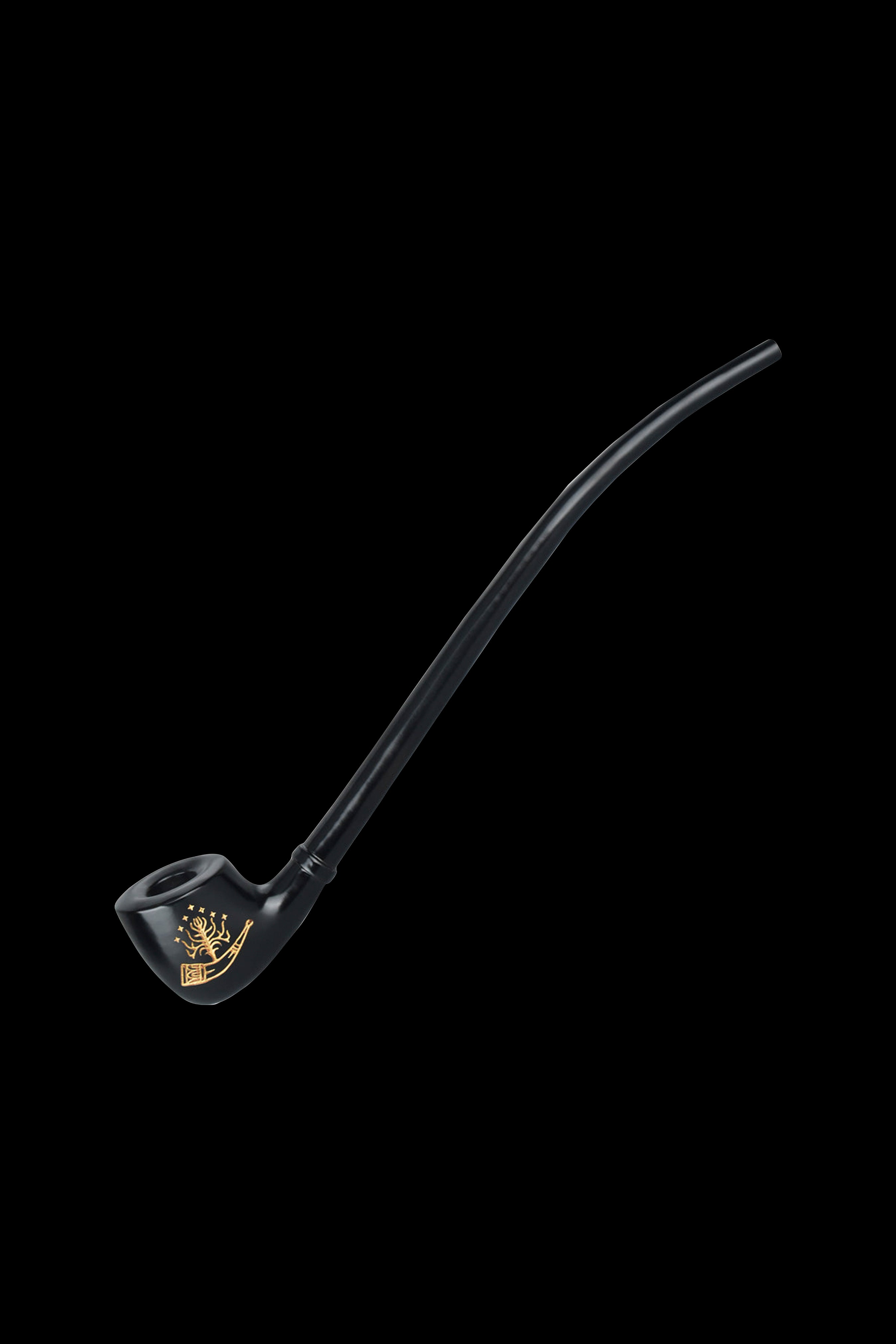 Black glass pipe with gold leaf detailing against a black background.
