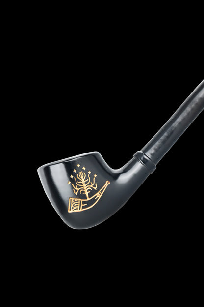 Black glass cannabis pipe with gold botanical design.