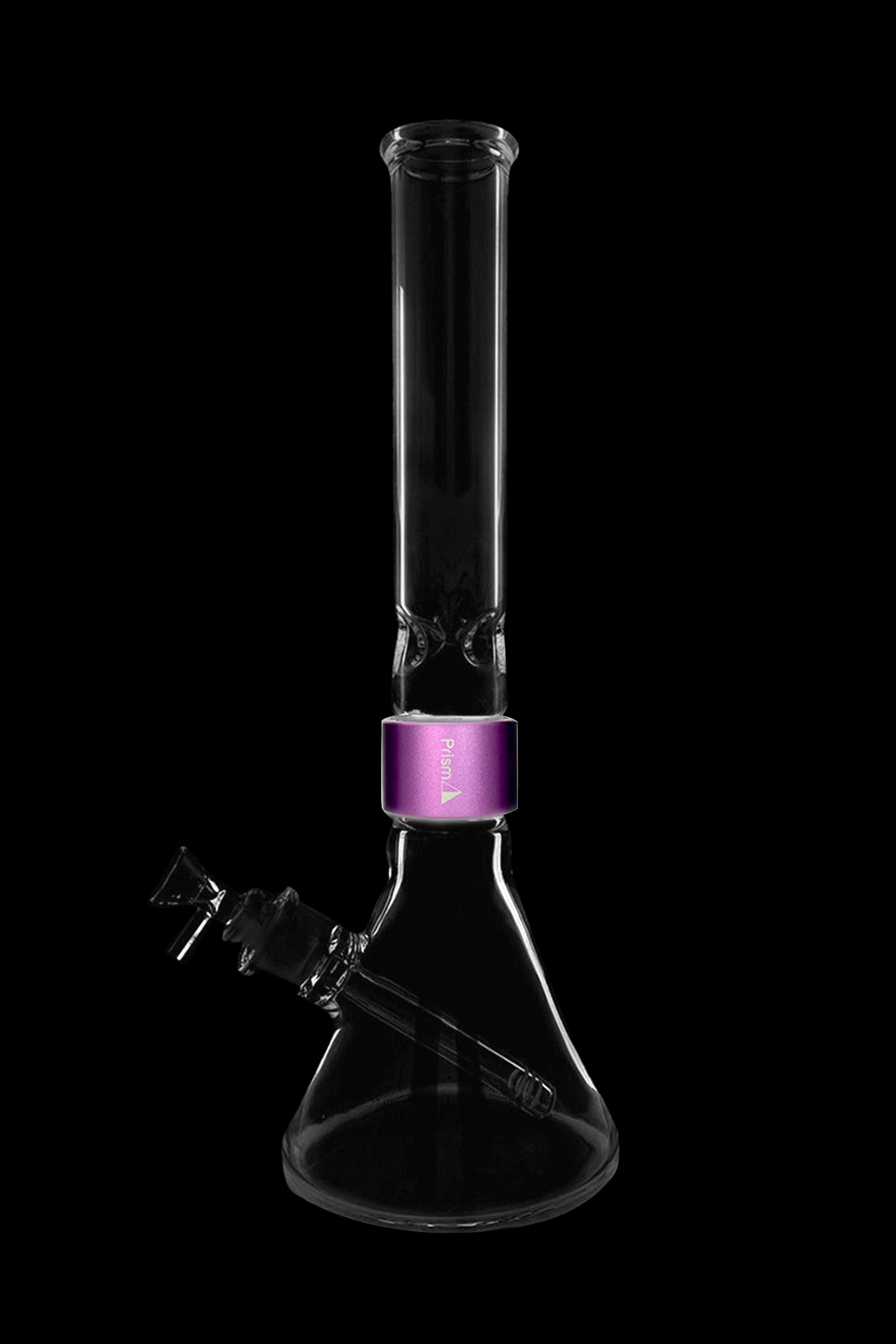 Clear glass bong with a purple accent and intricate smoke filtration system, isolated on a black background.