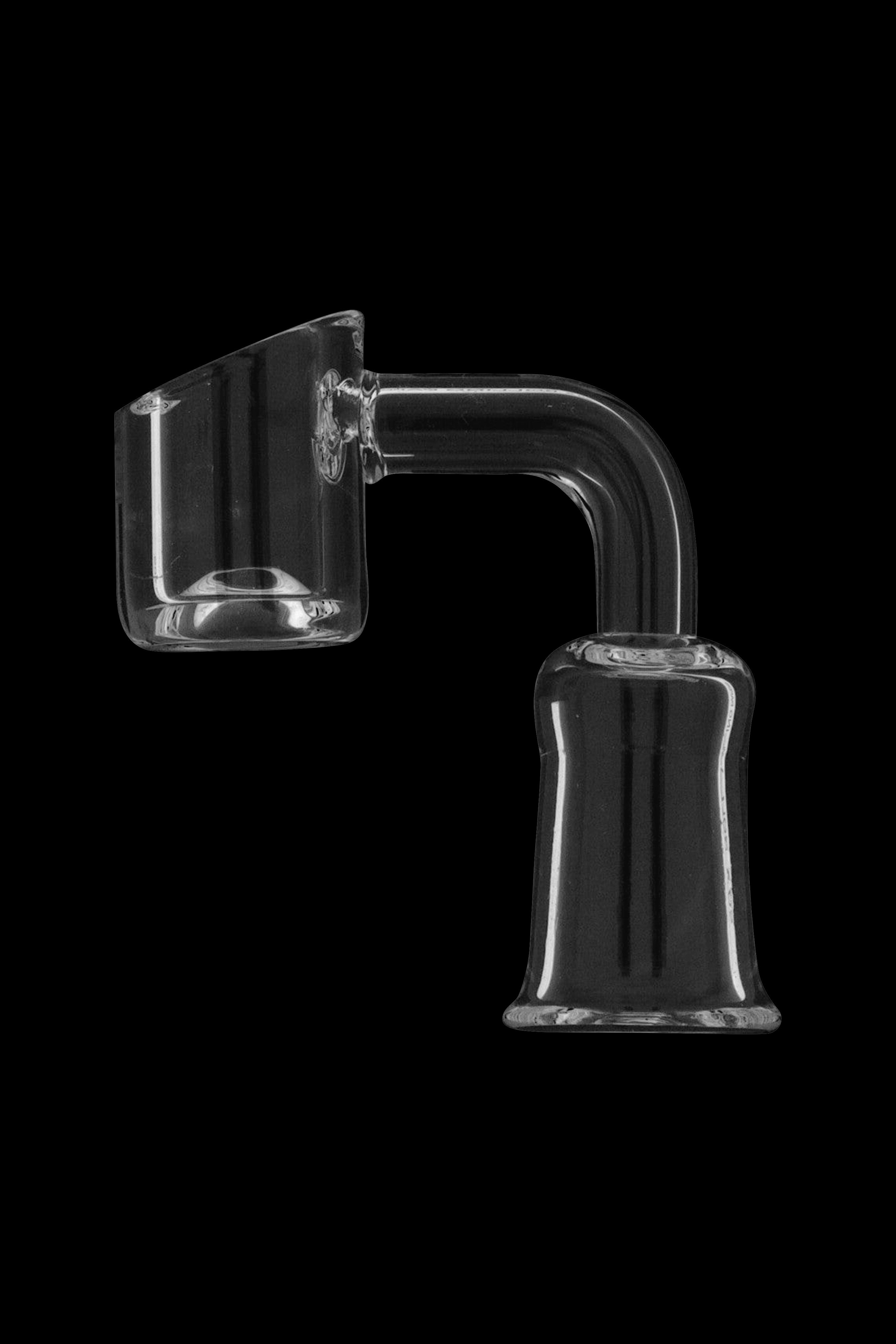 Clear glass dab rig with a bucket-shaped bowl and angled neck, isolated on a black background.