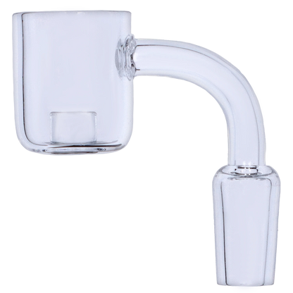 Close-up side view of the Smoke Cartel Core Reactor Quartz Banger showing its clear glass bucket and 90-degree curved neck against a white background.