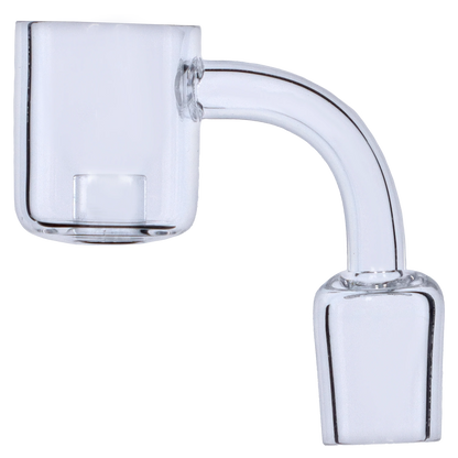 Close-up side view of the Smoke Cartel Core Reactor Quartz Banger showing its clear, curved neck and thick-walled bucket against a white background.