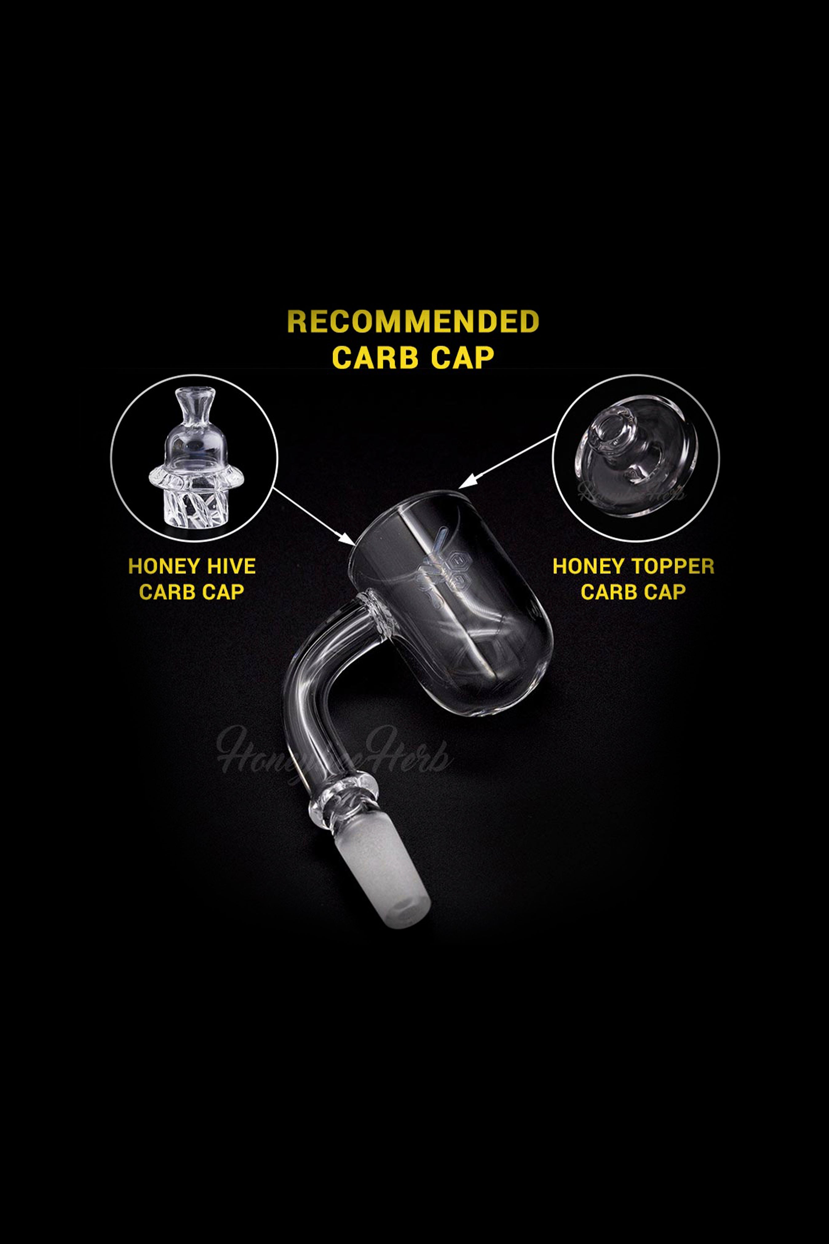 A glass dab rig with labeled diagrams showing compatible carb cap options: Honey Hive and Honey Topper.