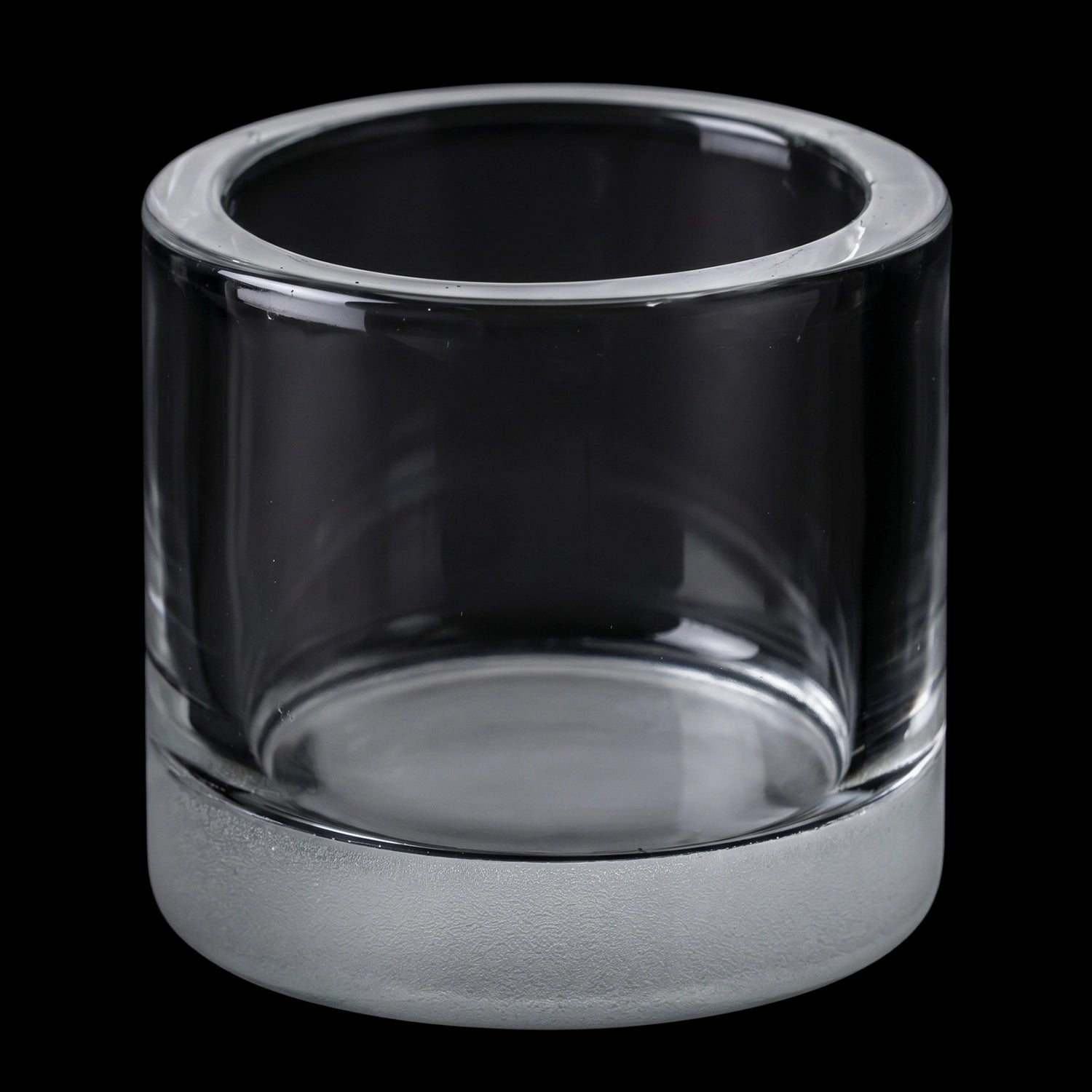 Close-up, slightly elevated view of the clear Smoke Cartel 25mm Quartz Insert Cup showing its polished rim and frosted base against a black background