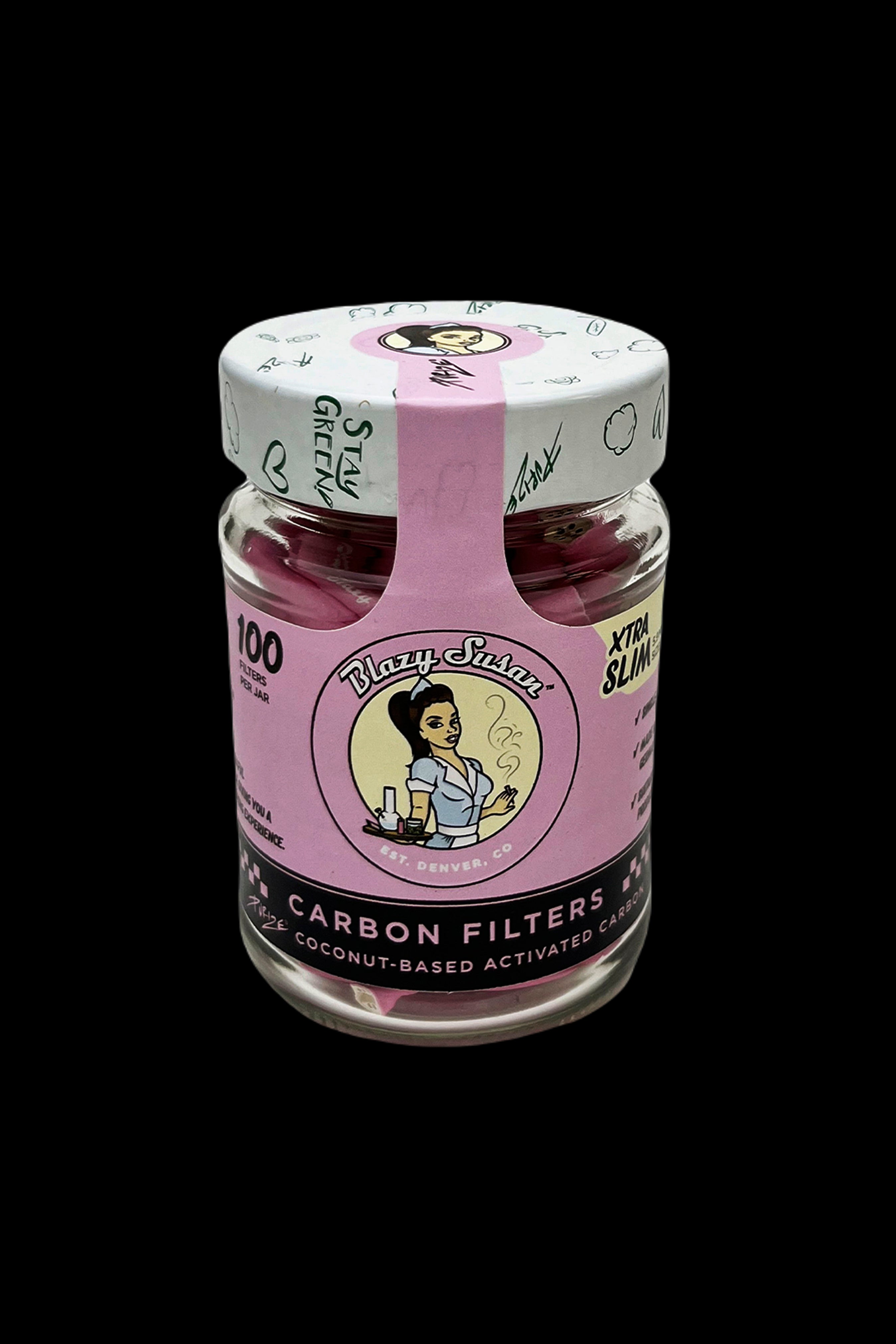 A glass jar of “Blazy Susan” carbon filters for cannabis smoking, featuring a vintage-style label with a woman in a headwrap and the text “100 Filters Per Jar.”