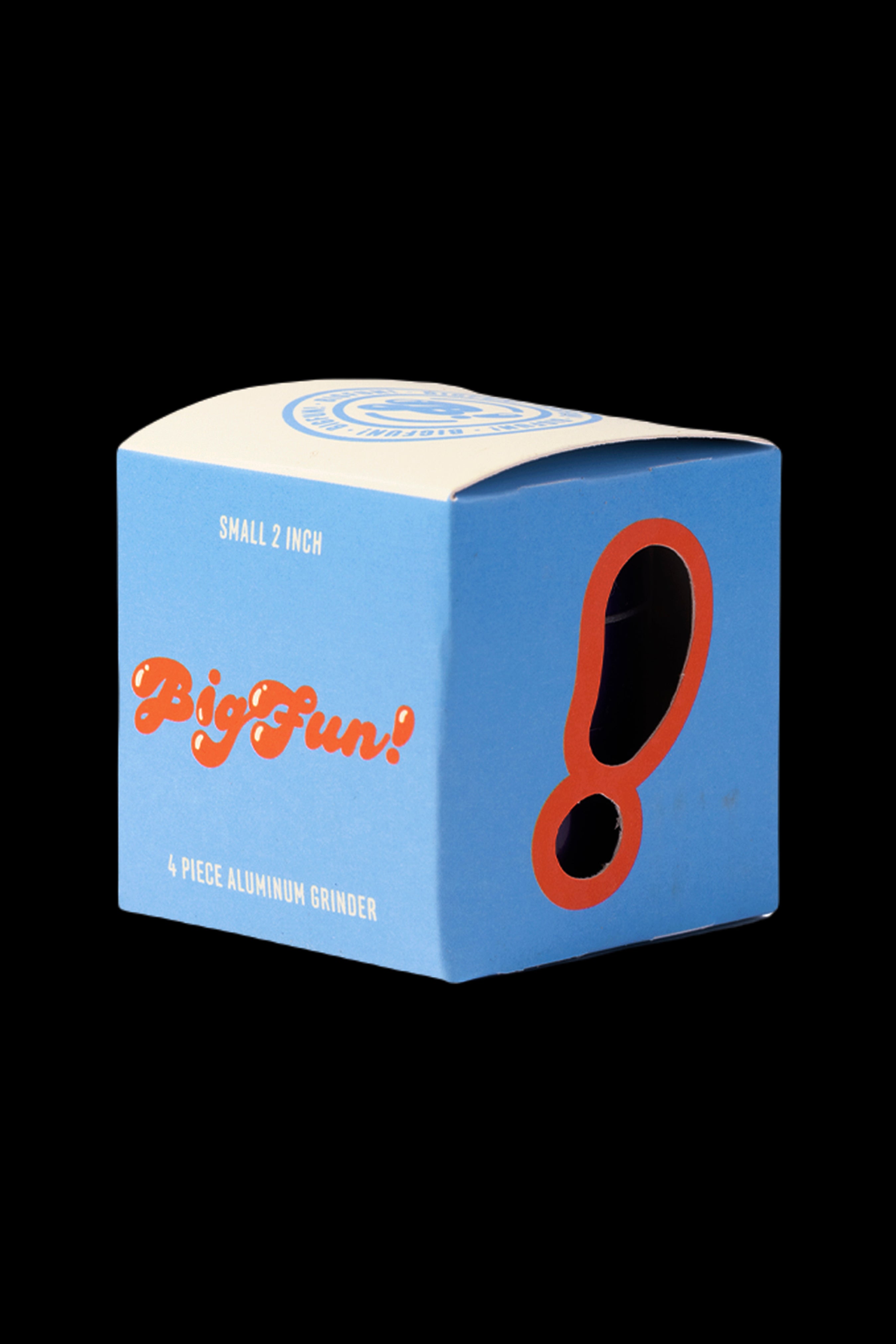Blue box for a “Big Fun!” 4-piece aluminum grinder, featuring orange text and a graphic.