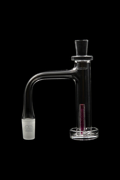 Clear glass bubbler with red accents, designed for smoking cannabis.