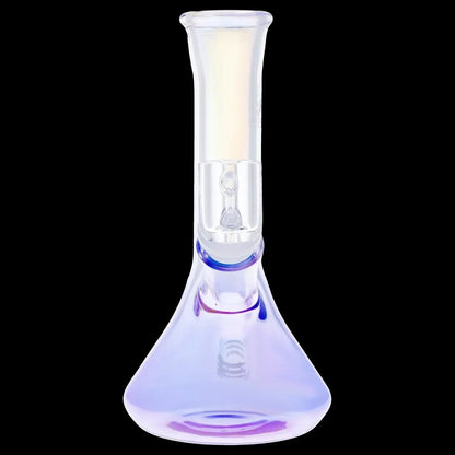 Iridescent glass bong with a downstem, isolated on a black background.