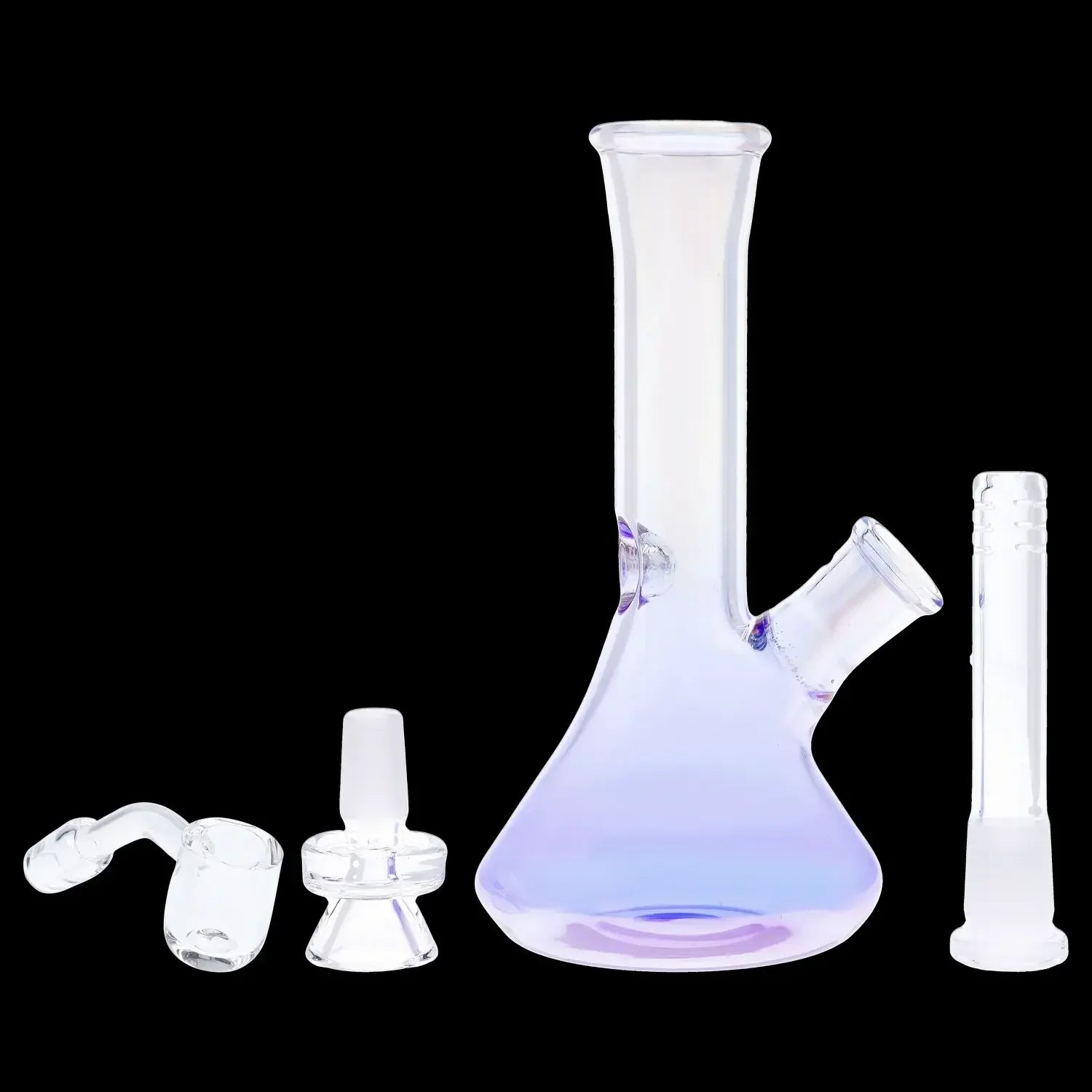 Assortment of iridescent glass smoking pieces including a bubbler, downstem, and straight tube, on a black background.