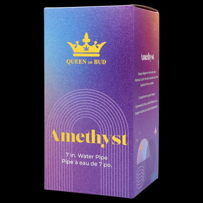 Purple packaging for "Amethyst" 7-inch water pipe, featuring cannabis leaf crown and product details in French and English.