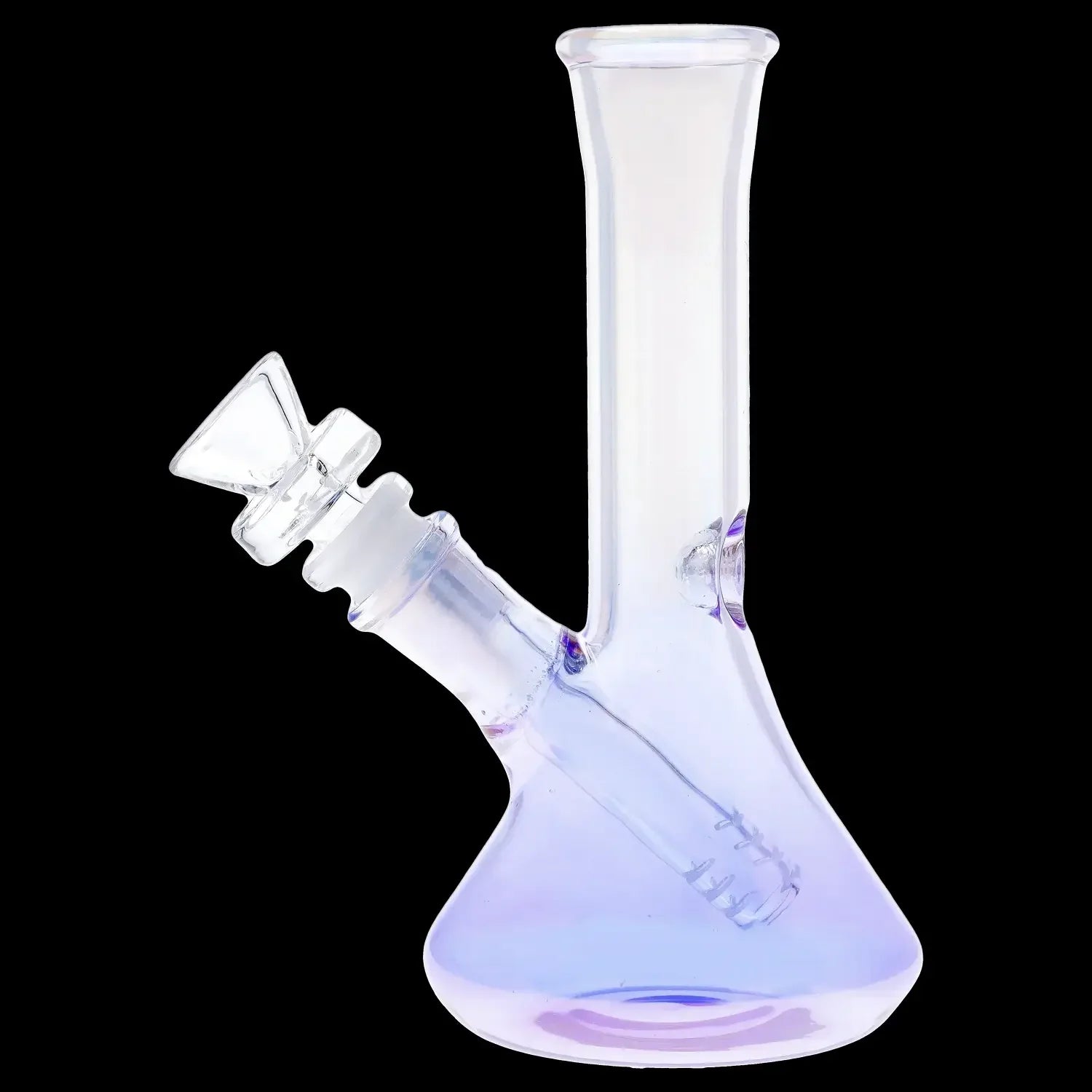 Clear glass bong with iridescent purple and blue coloring.