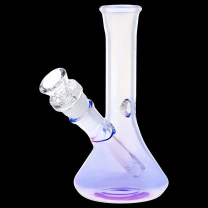 Iridescent glass bong against a black background.