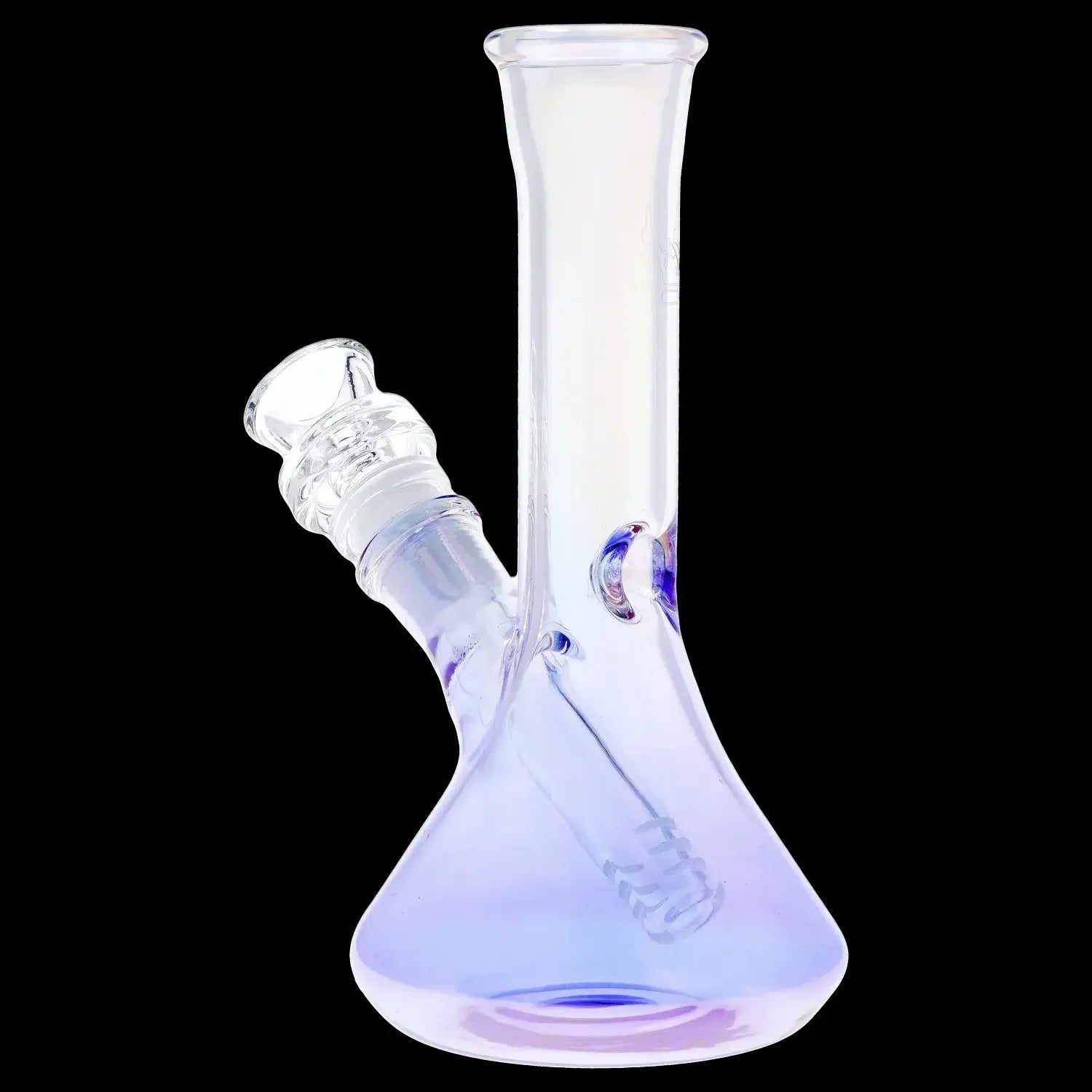 Iridescent glass bong with a flared base and angled neck.