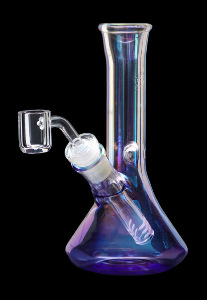 A three-quarter view of the 7-inch Queen of Bud Amethyst Dab Rig, showcasing its purple-tinted glass and curved design.