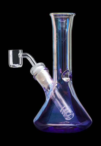 A front view of the 7-inch Queen of Bud Amethyst Dab Rig, showcasing the purple-tinted glass and curved neck design.