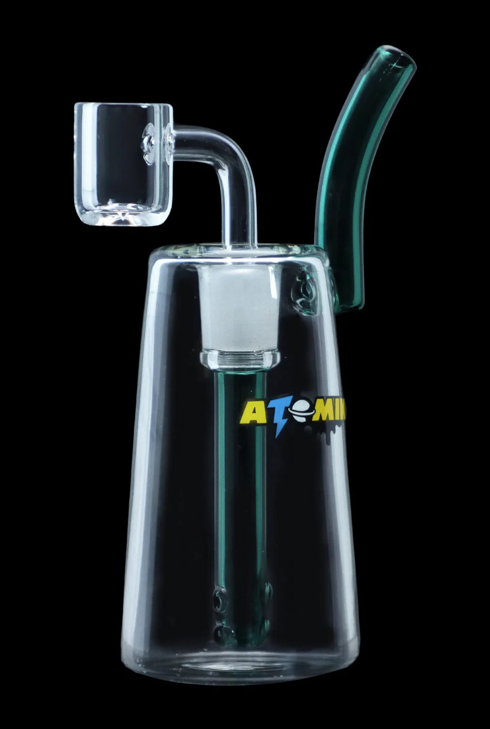 Clear glass dab rig with a quartz banger and colorful accents, branded “ATOMI”.
