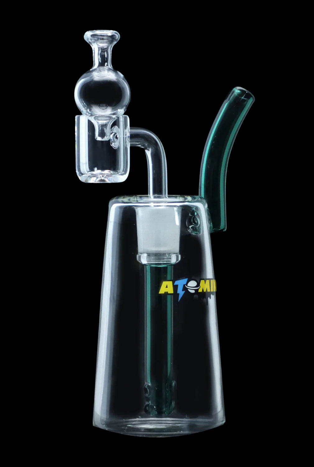 Clear glass water pipe with a perc filter and branded with “ATOMI” in neon lettering, against a black background.