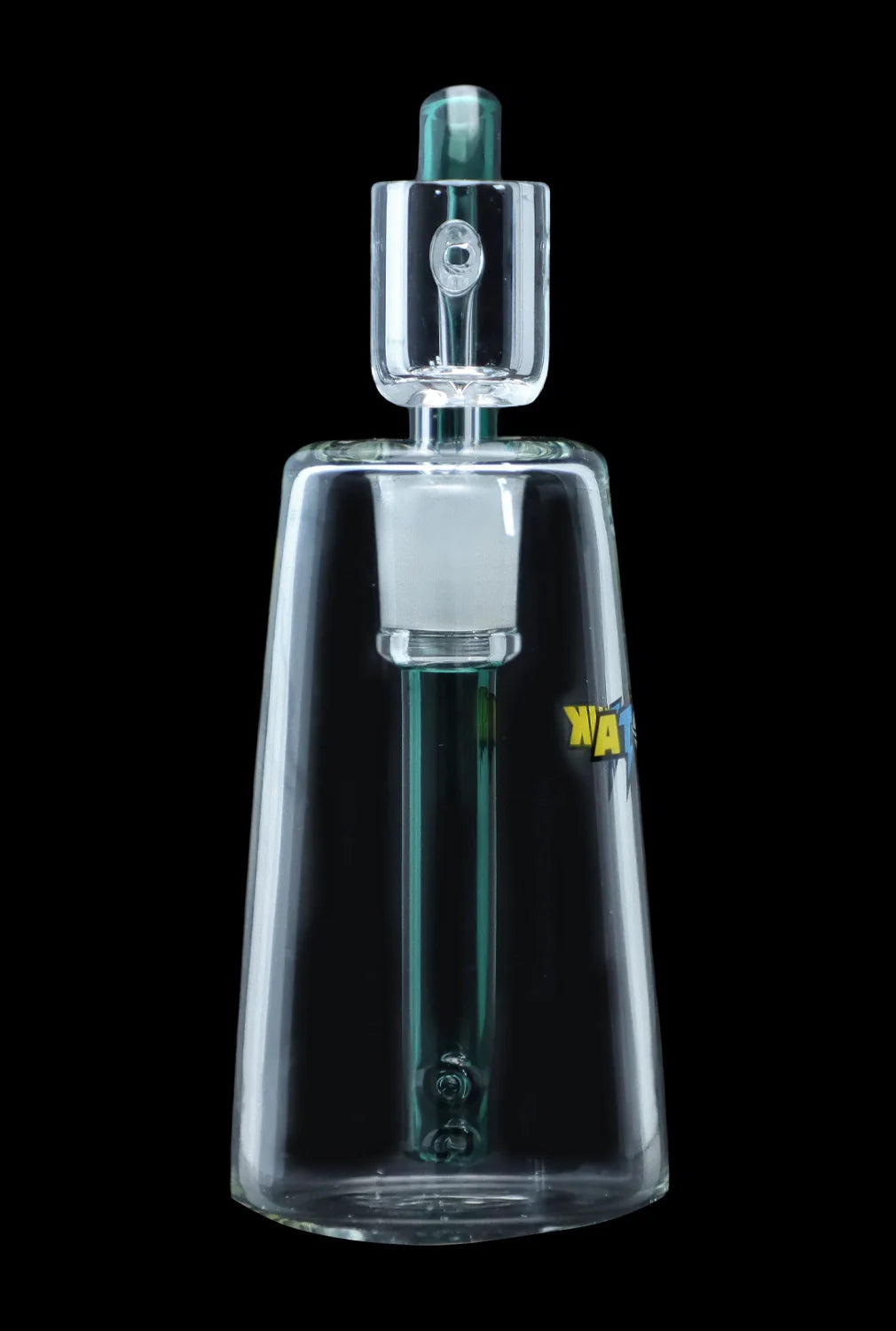 Clear glass water pipe with teal accents, isolated on a black background.