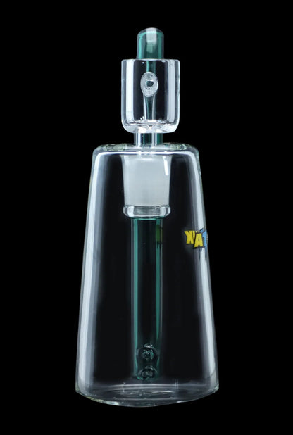 Clear glass water pipe with teal accents, isolated on a black background.