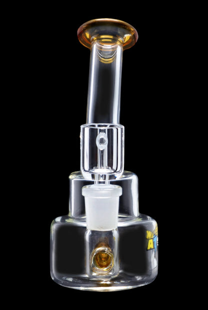 Clear glass bubbler water pipe with amber accents, isolated on a black background.