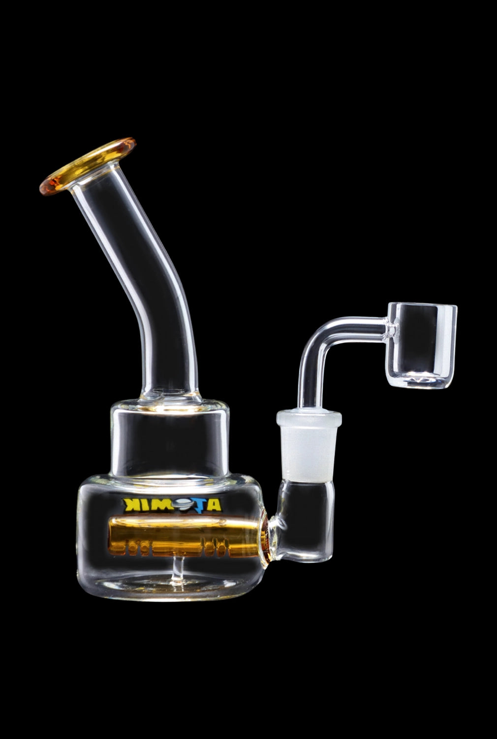 Clear glass oil rig with a quartz banger, featuring yellow accents and the brand name "XIMTA".