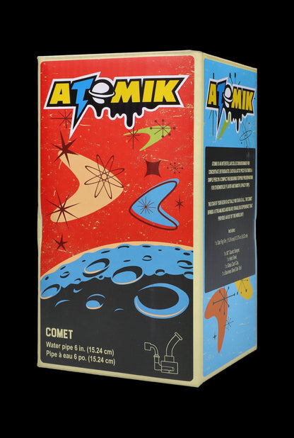 Box for Atmik Comet water pipe, featuring a retro space-themed design with a comet illustration and product details.