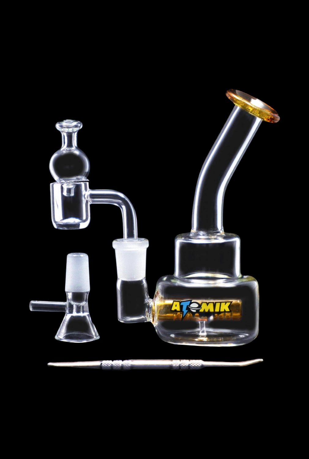 Glass dab rig and accessories on black background.