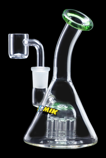 Glass water pipe (bong) with a quartz nail and colorful accents, isolated on a black background.