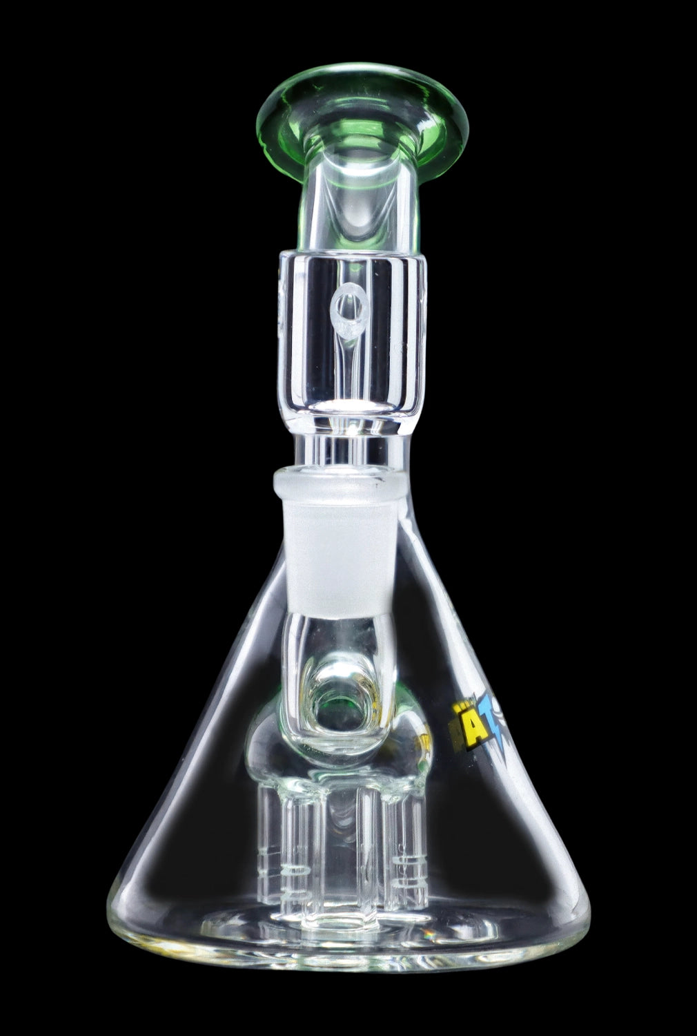 Clear glass water pipe (bong) with a complex percolator chamber, isolated on a black background.