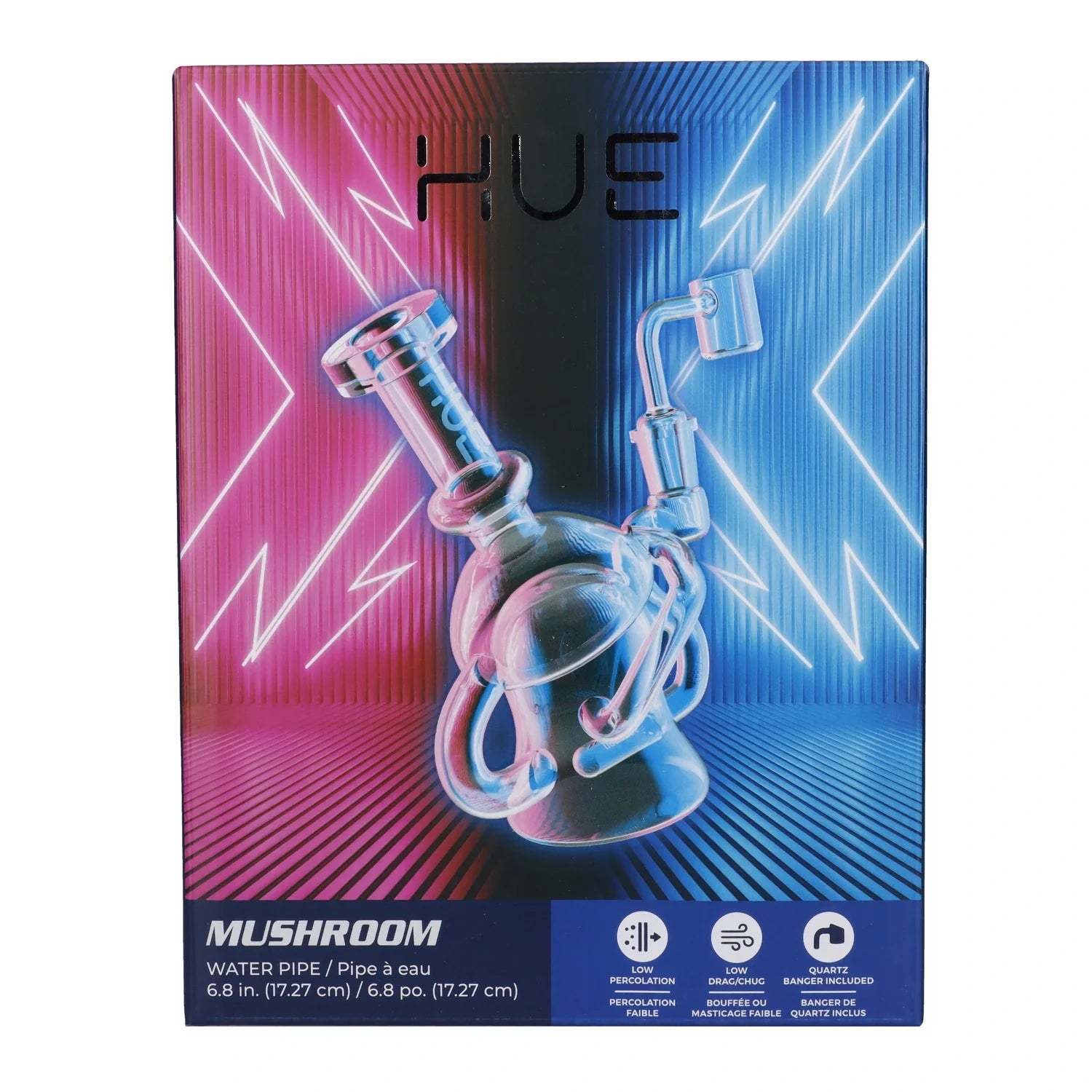 Angled front view of the clear Hue - Mushroom Dab Rig Clear - 6.8" against a neon pink and blue geometric backdrop