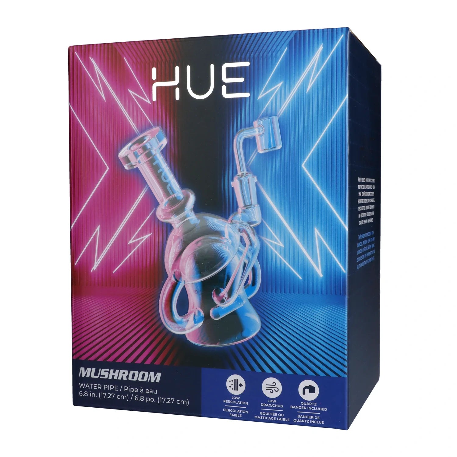 Angled front view of the Hue - Mushroom Dab Rig Clear - 6.8" box showing neon pink and blue lighting behind a clear glass mushroom-shaped rig.