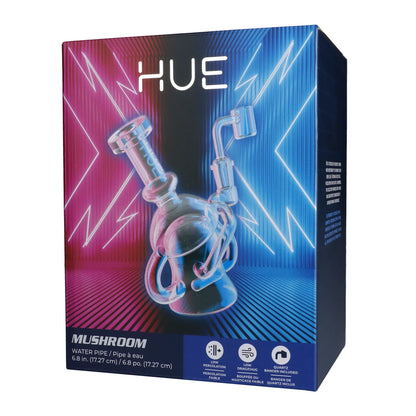 Angled front view of the Hue - Mushroom Dab Rig Clear - 6.8" box showing neon pink and blue lighting behind a clear glass mushroom-shaped rig.
