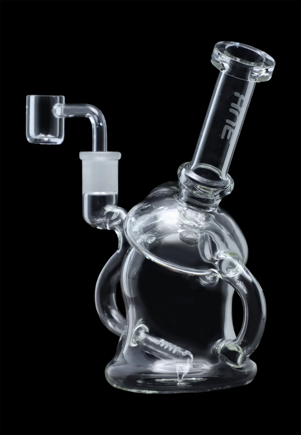 Angled close-up of the Hue - Mushroom Dab Rig Clear - 6.8" showing its clear glass body, tilted mouthpiece, and curved side handles against a black background