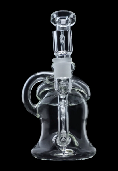 Close-up front view of the Hue - Mushroom Dab Rig Clear - 6.8" showing its clear glass mushroom-shaped body, curved handle, and vertical downstem against a black background