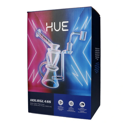 Angled front view of the Hue - Hourglass Dab Rig Clear - 7.5" box showing a stylized clear glass rig image against neon pink and blue diagonal light streaks.