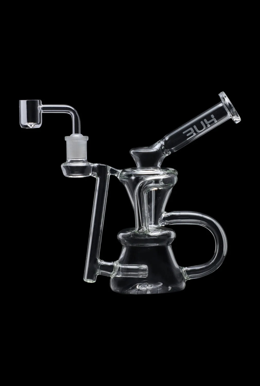 Angled side view of the clear Hue - Hourglass Dab Rig Clear - 7.5" against a black background, showing its compact glass chambers.