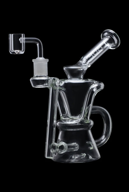 Close-up front view of the Hue - Hourglass Dab Rig Clear - 7.5" showing the clear glass hourglass-shaped body, angled neck, and attached banger against a black background.