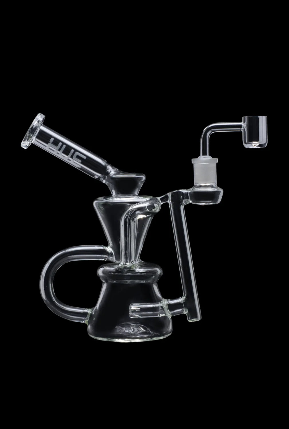 Angled side view of the clear 7.5" Hue - Hourglass Dab Rig Clear showing its hourglass chambers, curved handle, and upright banger against a black background
