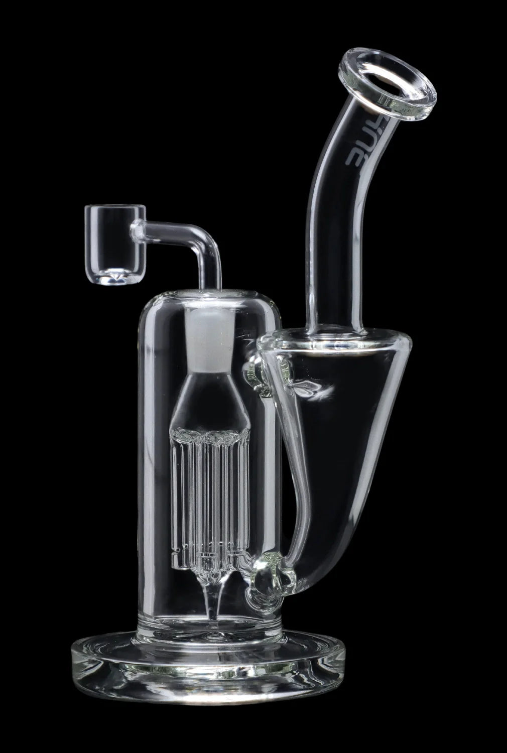 Clear glass dab rig with intricate percolator and quartz banger.
