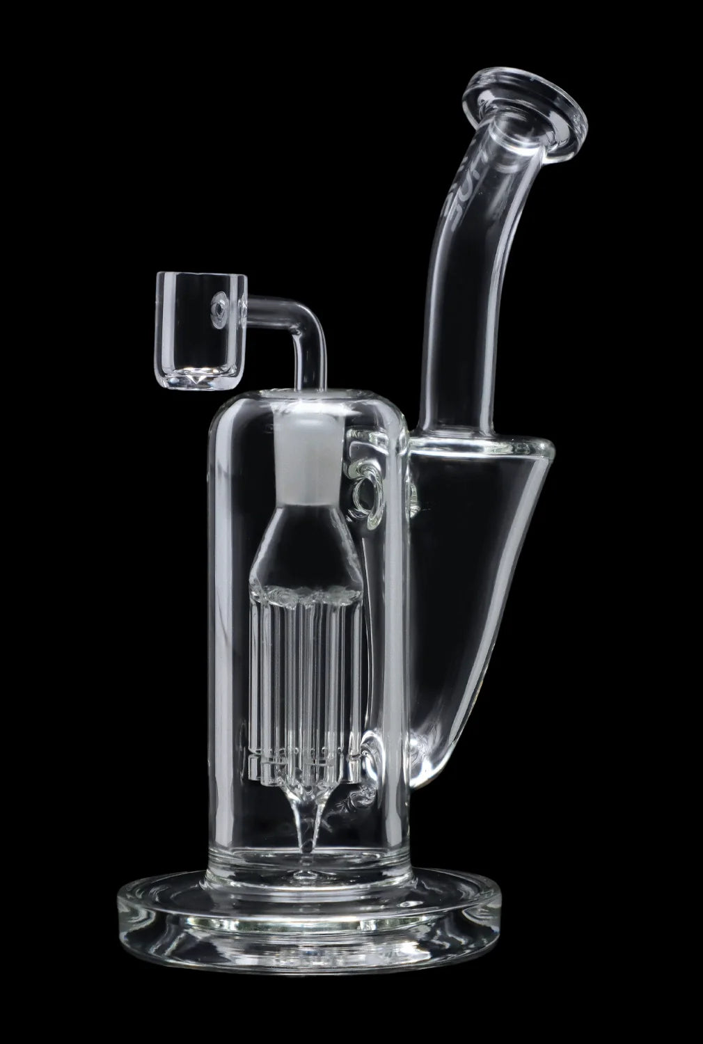 Clear glass dab rig with intricate percolator chamber, isolated on a black background.