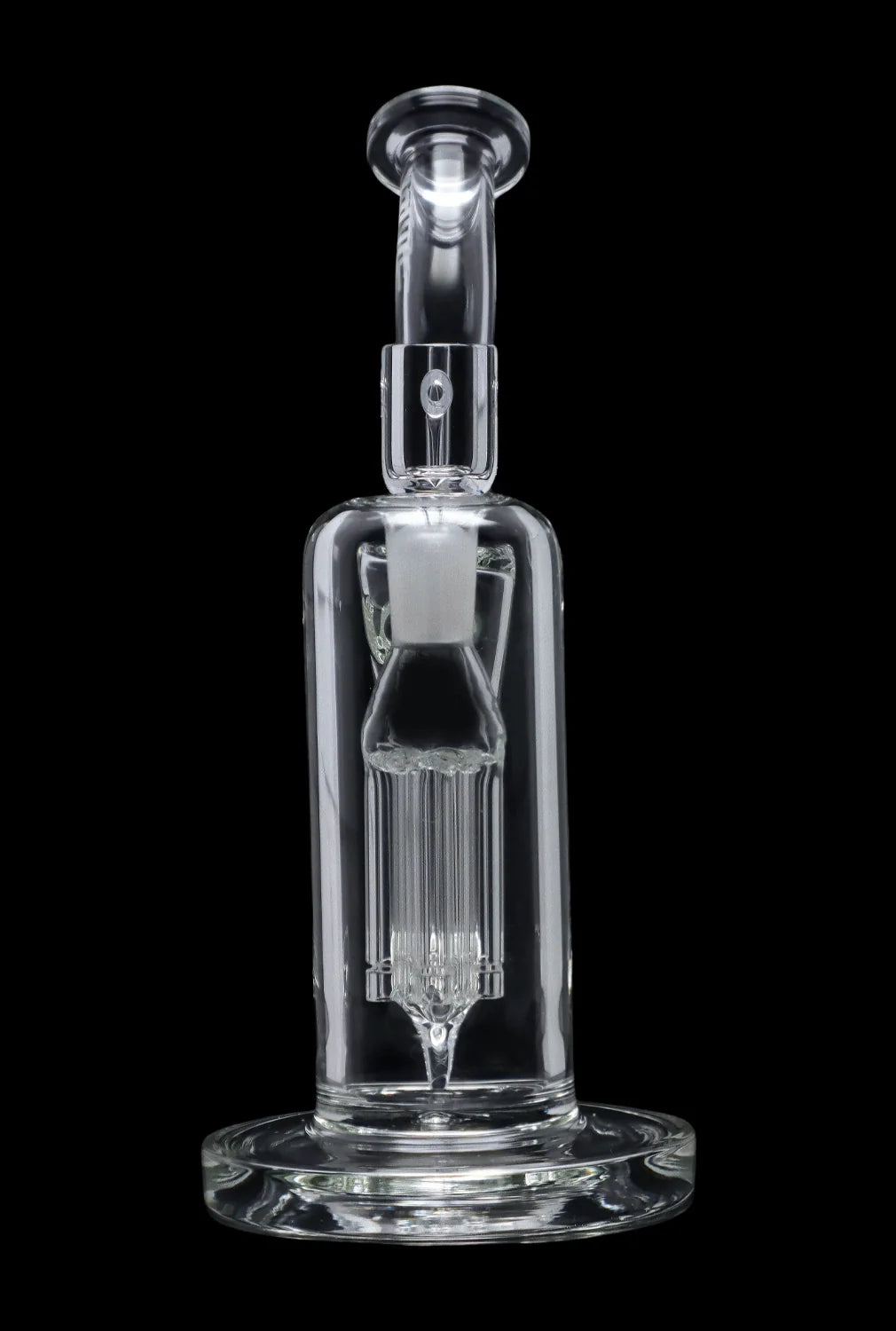 Clear glass dab rig with intricate percolator design, isolated on a black background.