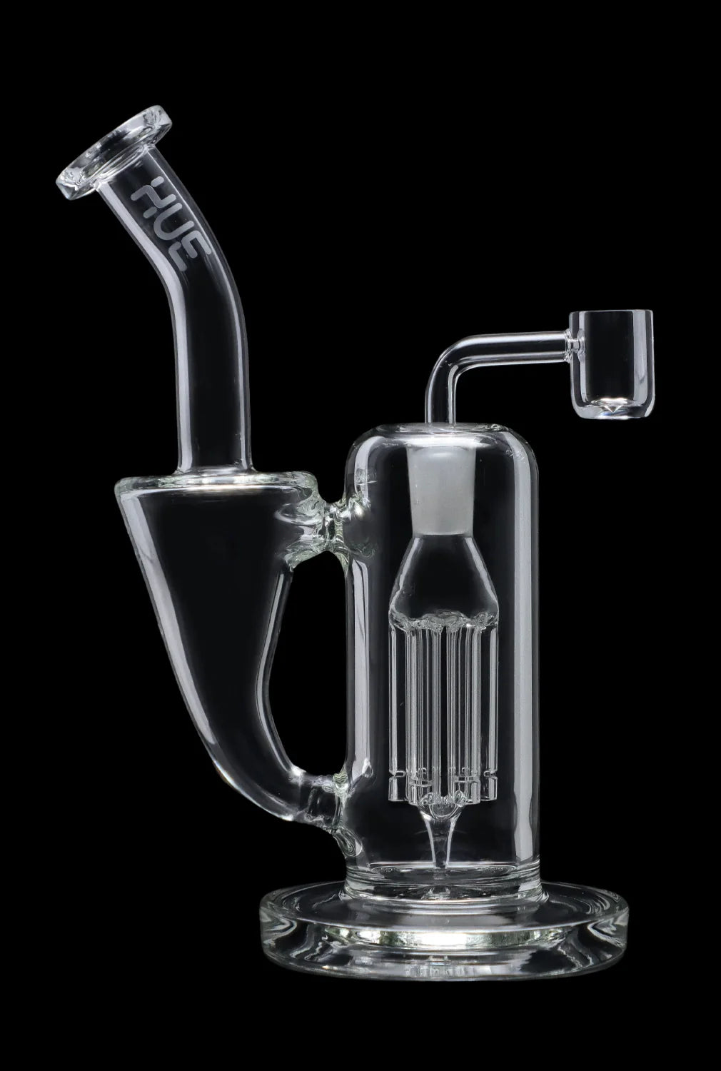 Clear glass dab rig with intricate percolator and quartz nail, isolated on a black background.
