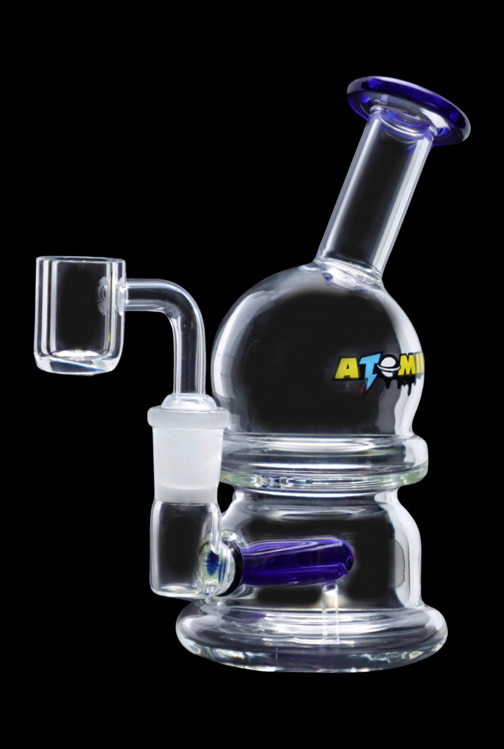 Clear glass dab rig with blue accents and a quartz banger, isolated on a black background.